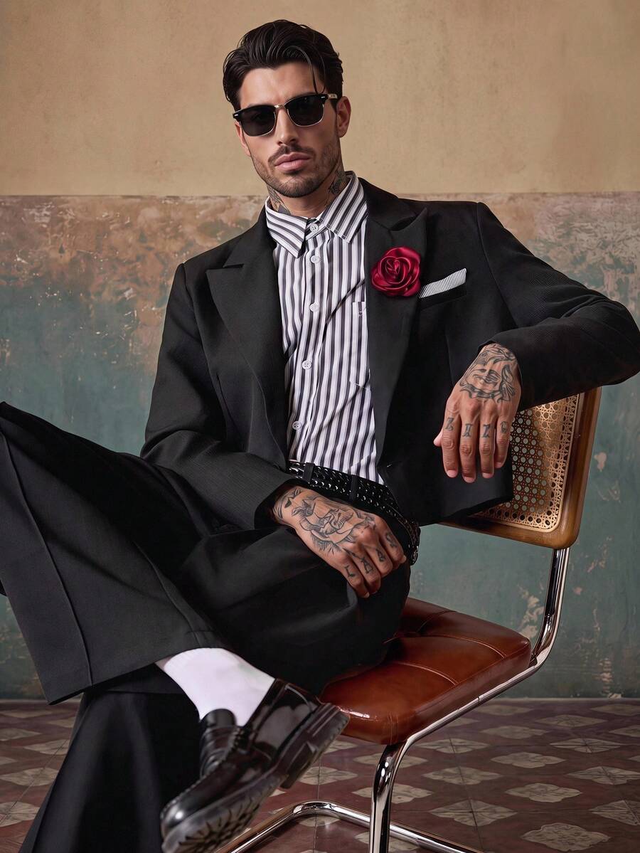 HIMLAND 3D Floral Decor Black Jacket & Pants Suit Set Tuxedo.2 Piece Suit Set,Casual Suit Set,Suit Pants Set,Formal Suit Set Halloween Winter Party Autumn