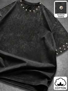 Manfinity EMRG Kaos Pria Kasual Sehari-hari Gaya INS Remaja Street Vintage Distressed Washed - Hitam - View 2