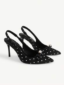 CUCCOO CHICEST Women Shoes Spring And Summer New Models, Polka Dot Satin Pointed Back Empty Sandals, Pearl Bow Stiletto High Heels, Gentle And Sweet Style, Daily - Black - View 1