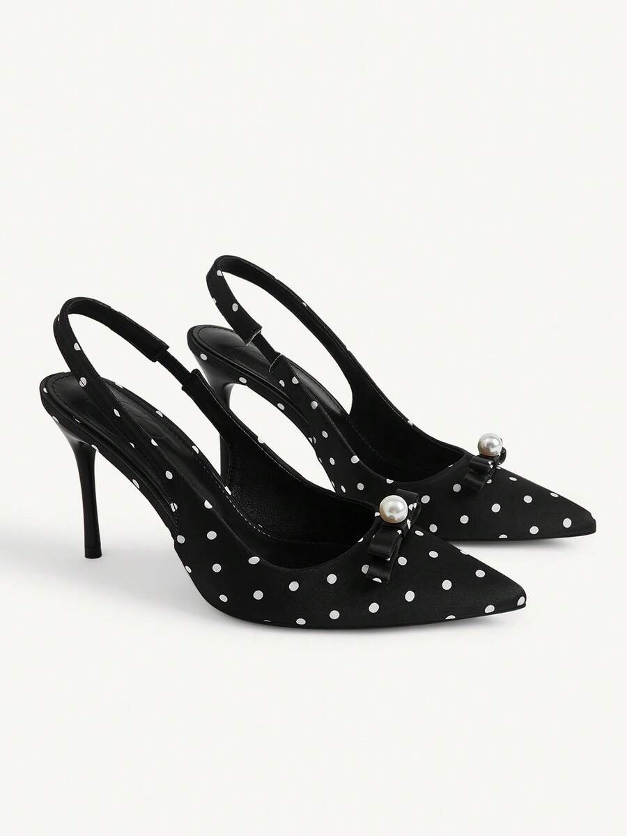 CUCCOO CHICEST Women Shoes Spring And Summer New Models, Polka Dot Satin Pointed Back Empty Sandals, Pearl Bow Stiletto High Heels, Gentle And Sweet Style, Daily - Black - View 1