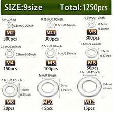 1250 Pieces Flat Washer Assortment Random Box, Sizes M2 M2.5 M3 M4 M5 M6 M8 M10 M12, Ideal For Home Decoration, Factory Repair, Kitchen, Shop & Outdoor Use - silver - View 3