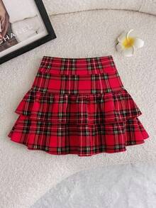 SHEIN Tween Girl Casual Minimalist Comfortable Mid-Waist Ruffle Plaid Mini Skirt Fall Winter - Grey - View 6