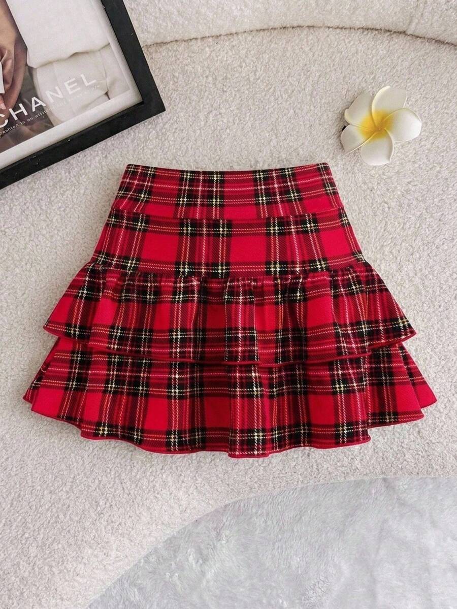 SHEIN 青少年女孩休闲简约舒适中腰荷叶边格子迷你裙 - 灰色 - 查看 1