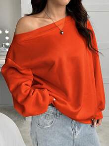 SHEIN EZwear 女款寬鬆白色保暖內裡不對稱肩領衛衣，秋冬款 - 橘色 - 查看 3