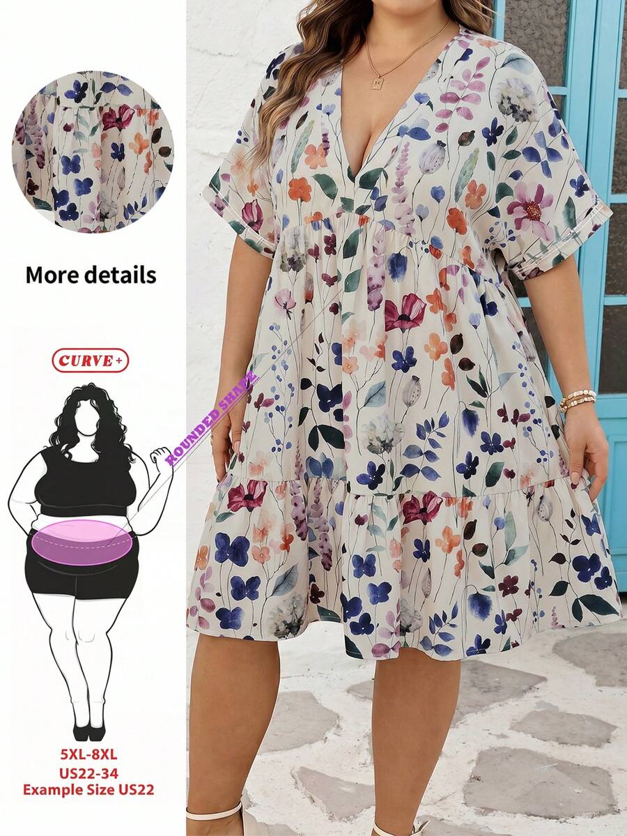 SHEIN CURVE+ 尺码 US22 适合音乐节、海滨度假、波西米亚风的女士条纹V领蝙蝠袖短袖荷叶边下摆休闲连衣裙,秋季女装,冬季,CURVE PLUS - 卡其色 - 查看 1
