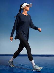In My Nature Women's Solid Color Split Long Sleeve Outdoor T-Shirt - Navy Blue - View 3