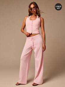 Athîral Women's Solid Color Single-Breasted 2 In 1 Halter Neck Knit Top And Knit Long Pants Casual Two Pieces Set - Pink - View 5