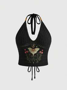 ROMWE Dark Gothic Mysterious Moth & Floral Embroidered Halter Neck Plus Size Women's Knit Top - Black - View 1
