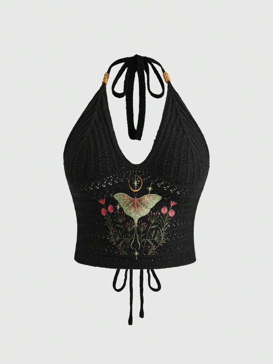 ROMWE Dark Gothic Mysterious Moth & Floral Embroidered Halter Neck Plus Size Women's Knit Top - Black - View 1
