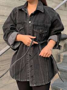 Dazy Plus Washed Distressed Lace-Up Loose Split Street Style Denim Cardigan Long Sleeve Shirt Fall - Dark Grey - View 2