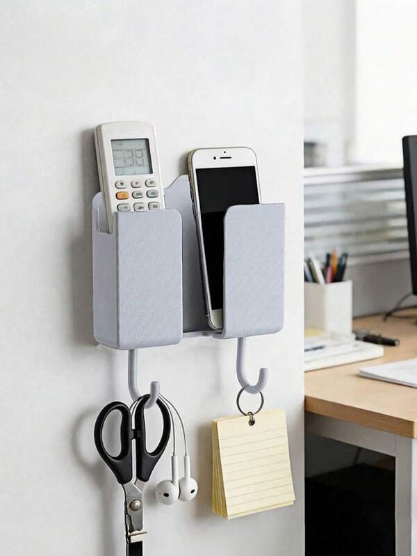 Haus Hana Adhesive No-Drill Wall Storage Box With Hooks, Remote & Phone Charging Holder, Multi-Purpose Wall Caddy For Bedroom Living Room Office, Organize Remote Phone Key Earphone, Space Saving Home Accessory, Great Housewarming Gift