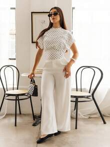 Andrea Bello Women's Polka Dot Fitted Short Sleeve Fashionable Cropped Summer T-Shirt Casual Vacation - White - View 6