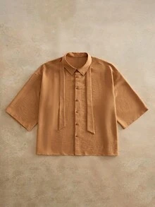 HIMLAND 男士大尺碼白色梭織短袖領結襯衫 - 卡其色 - 查看 2