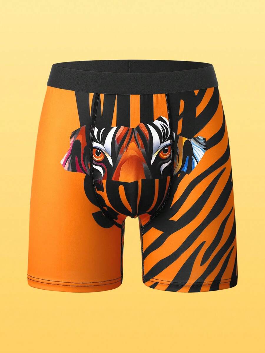 Notgurli Men's Tiger Print Boxer Briefs, Wild Animal Graphic Striped Underwear, Comfortable Mid Length Boxers - Yellow - View 1