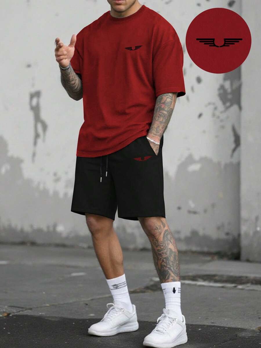 Manfinity Roughcore Men's Printed Colorblock Crew Neck Short Sleeve T-Shirt And Drawstring Waist Shorts Set - Multicolor - View 1