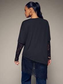 Hauture Camiseta 2 en 1 para mujer, elegante y casual, color liso, versátil, holgada, con patchwork de encaje y bajo asimétrico, negra, para oficina y salidas nocturnas, otoño - Negro - Ver 2