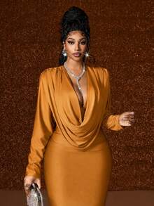 Maweii Plus Size Deep V-Neck Ruched Party Dress Fall - Mustard Yellow - View 4