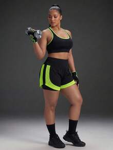 Powerista Women's Plus Size Black & Green Mesh Colorblock 2 In 1 Shorts - Black - View 6