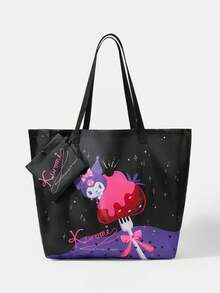 HELLO KITTY AND FRIENDS | SHEIN 1件時尚輕便可折疊印花圖案托特包，購物袋，便攜式單肩包，卡片收納袋，適用旅行與購物等 - 多色-黑紫色 - 查看 2