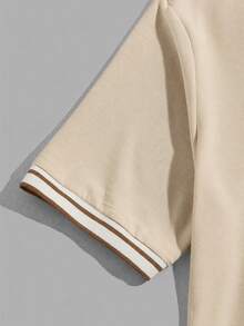 SWAVVY Men's Button Half-Placket Striped Contrast Color Knit Polo Shirt - Khaki - View 3