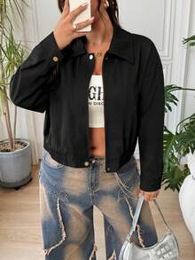 SHEIN EZwear 大尺碼女款素色拉鍊休閒百搭日常旅行長袖夾克 - 黑色 - 查看 1