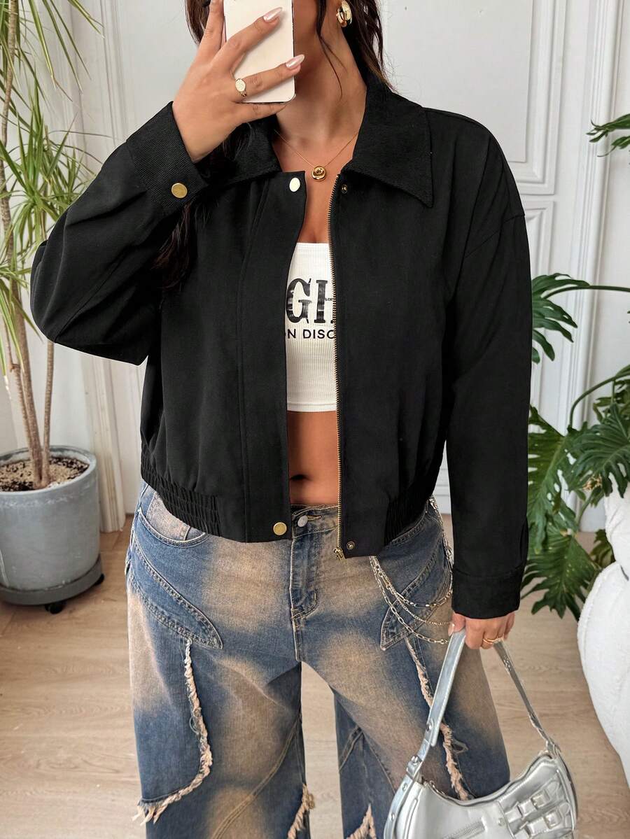 SHEIN EZwear 大尺碼女款素色拉鍊休閒百搭日常旅行長袖夾克 - 黑色 - 查看 1
