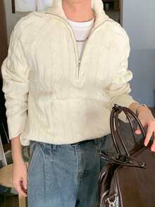 DAZY Solid Color Beige Casual Daily Wear Knitted Sweater For Men, Spring Winter Quarter Zip Men - Beige - View 3
