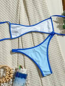 Bonvoyette 2pcs/Set Sexy Modest Casual Royal Blue Women's Swimwear Set, No Padding, Double Shoulder Straps, Back Tie, Summer Beach Pool Party Vacation - Blue - View 3