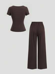 Sweetra Women's 2 Pieces Set Summer Fashion Niche Design Tie-Knot Square Neck Short Sleeve Knit Top Casual Wide Leg Straight Long Pants Lounge Dark Brown - Brown - View 2