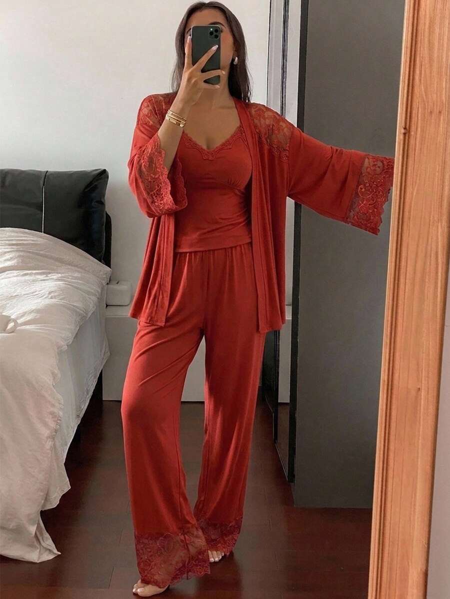 DAZY 3-Piece Women's Lace Patchwork Camisole, Robe And Long Pants Pajama Set - Orange - View 1