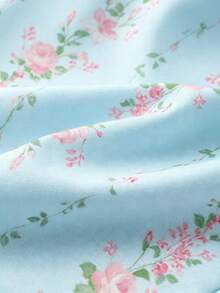 SHEIN PETITE 復古甜美風碎花蕾絲飾邊修身女式襯衫 - 藍色 - 查看 4