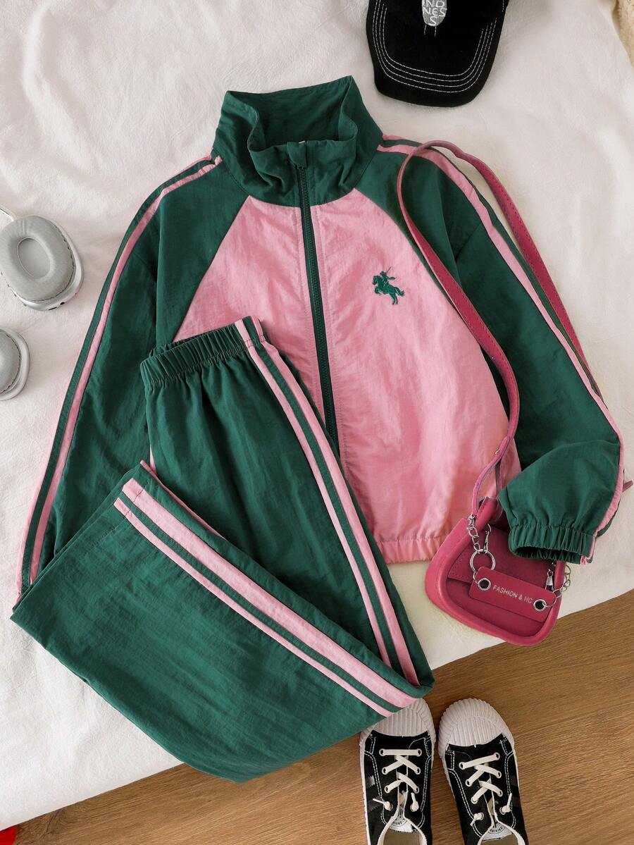 SHEIN Elladie kids 女童大童翡翠綠拼接長袖刺繡馬圖案布料直筒褲2件套運動休閒秋季服裝粉色 - 綠色 - 查看 1
