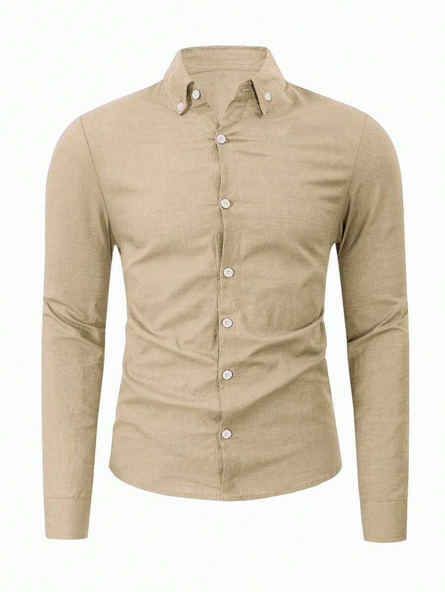 Manfinity Mode Men Spring & Summer Solid Color Long Sleeve Casual Formal Shirt, For Fall Cotton, Ceremony - Camel - View 1