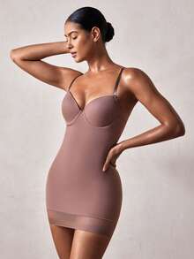 Veilyse Women Shapewear Skirt With Shoulder Straps, Build In Bra, Chest Gathering, Waist Supporting, Tummy Control, Butt Lifting, Mesh Hemline - Brown - View 4