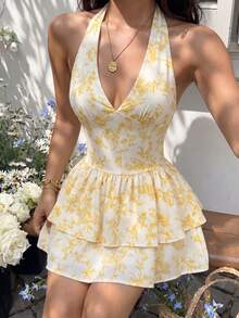 Sunnyshic 女款春夏休閒度假優雅日常百搭時尚街頭風花卉數位印花多層荷葉邊拼接收腰掛脖繫帶蝴蝶結迷你洋裝 - 黃色 - 查看 3