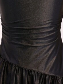 Wedding Season Girls' Premium Satin Asymmetrical Shoulder Asymmetrical Patchwork Hem Short Sleeve Long Dress For Prom, Performance, Birthday Party, Banquet, All Seasons - Black - View 4