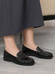 Sleekvia Women's Flat-Bottomed French Retro Stone Pattern Loafers, Gentle Style Elegant, Simple Wind, Comfortable Wind, Advanced Business Wind, Suitable For Fall Shoes - Black - View 6