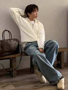 DAZY Solid Color Beige Casual Daily Wear Knitted Sweater For Men, Spring Winter Quarter Zip Men - Beige - View 5