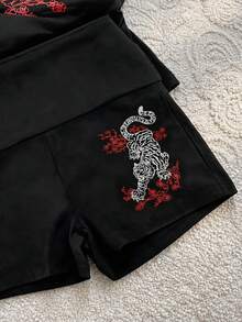 IslaSuriya Y2K舒適彩色虎紋與花卉圖案2件套，圓領休閒上衣與休閒修身下裝，適合日常聚會 - 黑色 - 查看 3