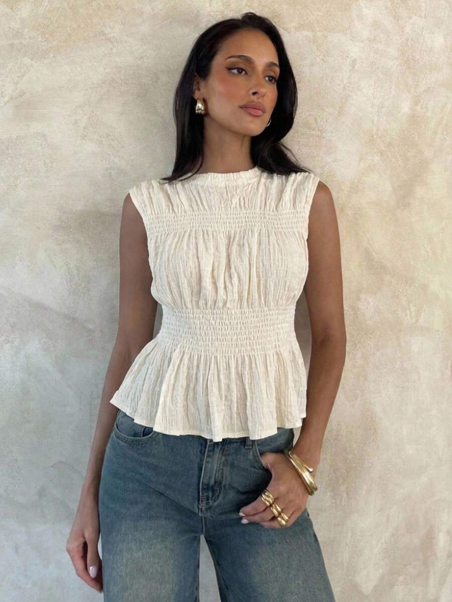 Aloruh 女款優雅圓領素色抽褶無袖米色襯衫 - 杏色 - 查看 1