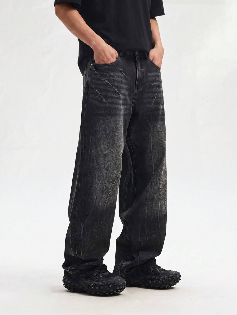 Manfinity Hypemode Celana Jeans Denim Pria American Vintage Washed Black Premium Serbaguna dengan Potongan Longgar - Hitam - View 1