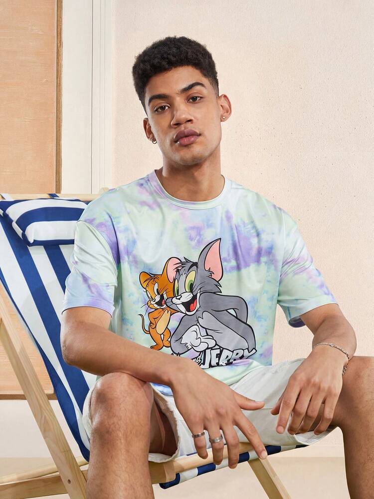 TOM & JERRY X SHEIN 男士卡通圖案紮染T恤 - 彩色 - 查看 1