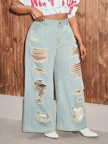 Slaydiva Plus Size Casual Washed Distressed Wide Leg Jeans - Blue - View 6