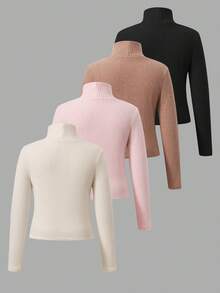 SHEIN 青少年女孩 T-Shirt 百搭休閒貓咪印花 4件組 高領長袖保暖內層打底衫 - 彩色 - 查看 2