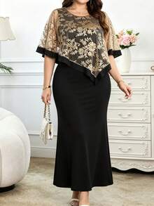 Modelyn Plus Size Women's Shawl Cape 2 In 1 Sleeveless Round Neck Fitted Elegant Party Comfortable Spring/Summer Outing Dress - Black - View 1