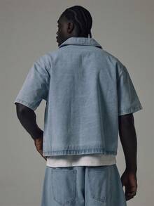 Musero Cropped Boxy Denim Shirt Patch Pocket Revere Shirt Style Spring Summer Essentials - Blue - View 5