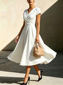 Balvessa Women's Solid Color V-Neck Pleated Casual Daily Summer Midi Dress - White - View 6