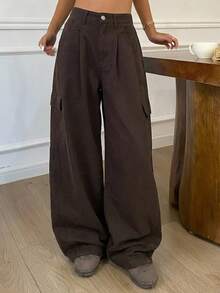 DAZY Tween Girl Solid Color Minimalist Pocket Button Loose Wide Leg Cargo Denim Jeans - Brown - View 2