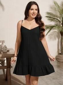 SHEIN LUNE Plus Size Women's Solid Color Ruffle Hem Casual Boho Bohemian Spaghetti Strap Dress Beach Vacation Black Summer - Black - View 4