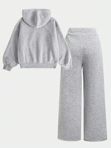 SHEIN Tween女孩秋冬休閒保暖內裡加厚衛衣套裝，紐約市印花，寬鬆圓領，落肩長袖連帽，搭配印花牙籤壓褶寬腿直筒運動褲，2件式運動衛衣套裝，麻灰色 - 灰色 - 查看 10